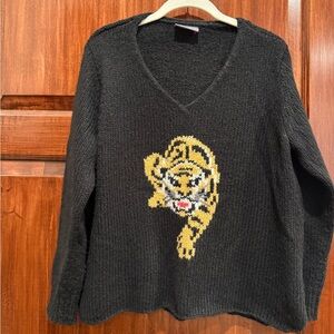 Wooden Ships Black V-Neck Sweater with Tiger Design
